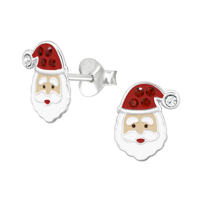 Santa Claus Children's Sterling Silver Ear Studs with Crystal and Epoxy