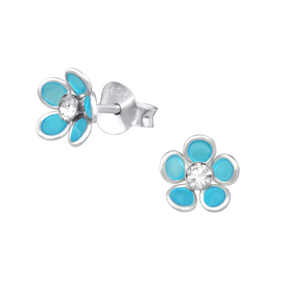 Children's Silver Flower Ear Studs with Crystal and Epoxy