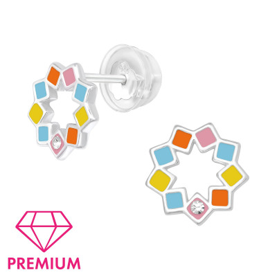 Premium Children's Silver Geometric Ear Studs with Crystal and Epoxy