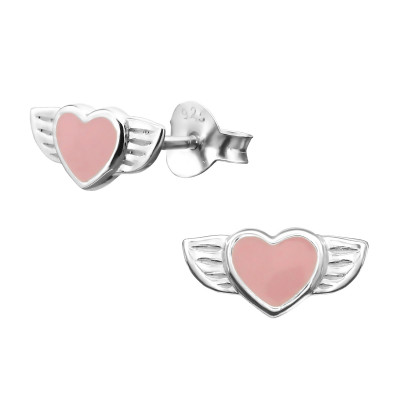 Children's Silver Winged Heart Ear Studs with Epoxy