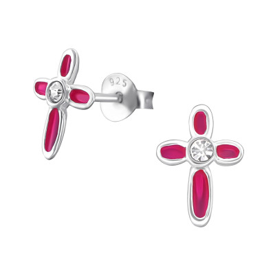 Children's Silver Cross Ear Studs with Crystal and Epoxy