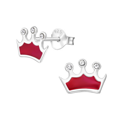 Children's Silver Crown Crystal Ear Studs with Epoxy