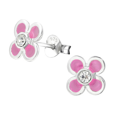 Children's Silver Flower Ear Studs with Crystal and Epoxy