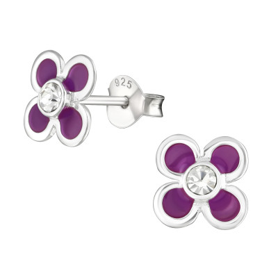 Children's Silver Flower Ear Studs with Crystal and Epoxy