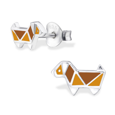 Origami Dog Children's Sterling Silver Ear Studs with Epoxy