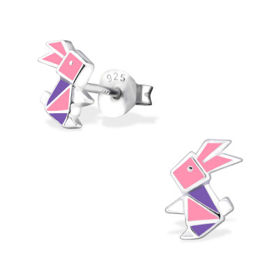 Premium Children's Silver Origami Rabbit Ear Studs with Epoxy