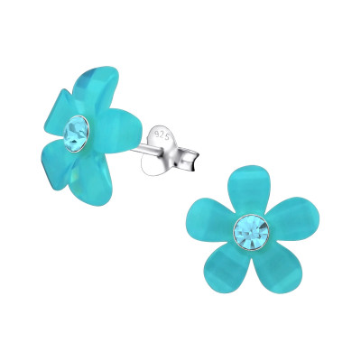 Children's Silver Flower Ear Studs with Crystal and Plastic