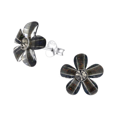 Children's Silver Flower Ear Studs with Crystal and Plastic