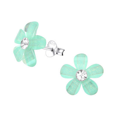 Children's Silver Flower Ear Studs with Crystal and Plastic