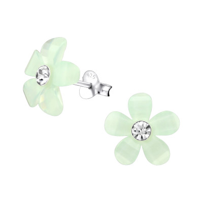 Children's Silver Flower Ear Studs with Crystal and Plastic