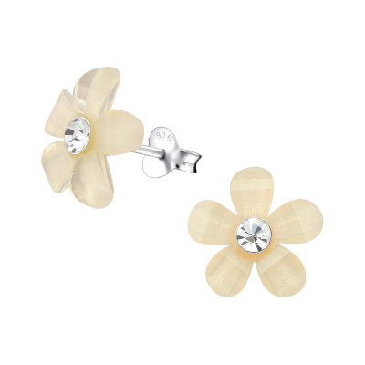 Children's Silver Flower Ear Studs with Crystal and Plastic