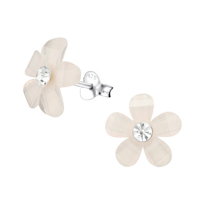 Children's Silver Flower Ear Studs with Crystal and Plastic