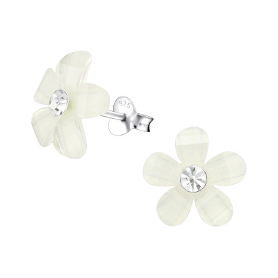 Children's Silver Flower Ear Studs with Crystal and Plastic