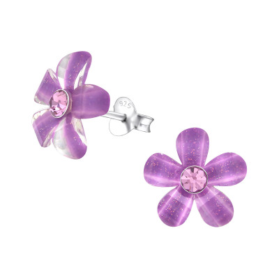 Children's Silver Flower Ear Studs with Crystal and Plastic