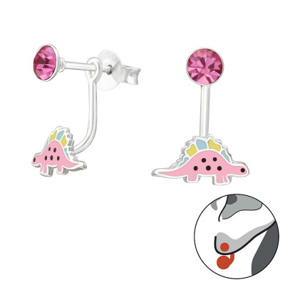 Children's Silver Dinosaur Ear Studs with Crystal and Epoxy