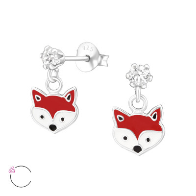 Children's Silver Ear Studs with Hanging Epoxy Fox and Genuine European Crystals