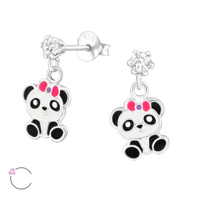 Children's Silver Ear Studs with Hanging Epoxy Panda and Genuine European Crystals