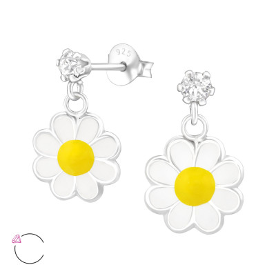 Children's Silver Ear Studs with Hanging Epoxy Flower and Genuine European Crystals