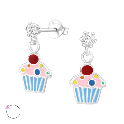 Children's Silver Ear Studs with Hanging Epoxy Cupcake and Genuine European Crystals