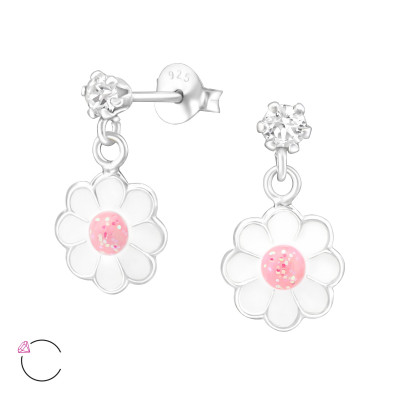 Children's Silver Ear Studs with Hanging Epoxy Flower and Genuine European Crystals