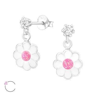 Children's Silver Ear Studs with Hanging Epoxy Flower and Genuine European Crystals