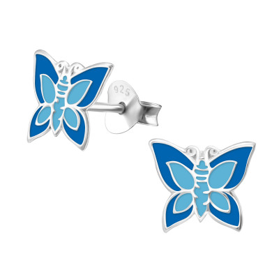 Children's Silver Butterfly Ear Studs with Epoxy