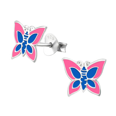 Children's Silver Butterfly Ear Studs with Epoxy