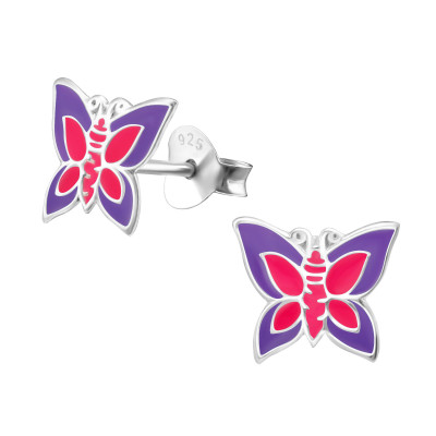 Children's Silver Butterfly Ear Studs with Epoxy