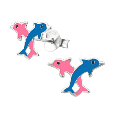 Children's Silver Dolphin Ear Studs with Epoxy