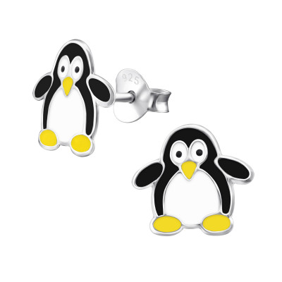 Children's Silver Penguin Ear Studs with Epoxy