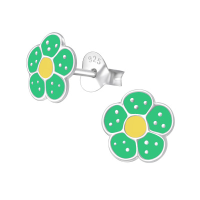 Children's Silver Flower Ear Studs with Epoxy