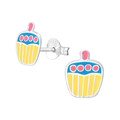 Children's Silver Cupcake Ear Studs with Epoxy