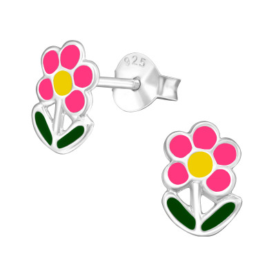 Children's Silver Flower Ear Studs with Epoxy