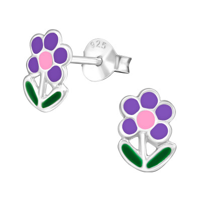 Children's Silver Flower Ear Studs with Epoxy