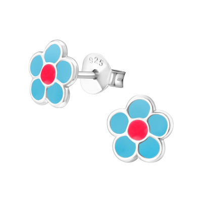 Children's Silver Flower Ear Studs with Epoxy