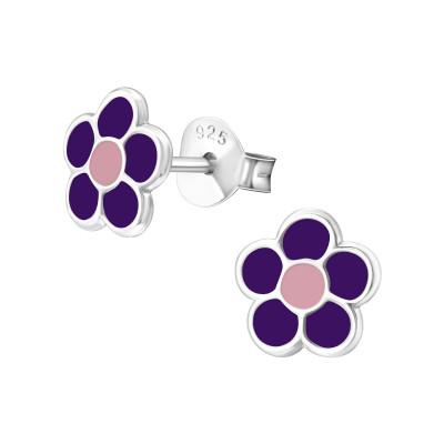 Children's Silver Flower Ear Studs with Epoxy