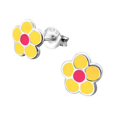 Children's Silver Flower Ear Studs with Epoxy