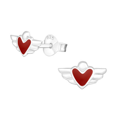 Children's Silver Winged Heart Ear Studs with Epoxy