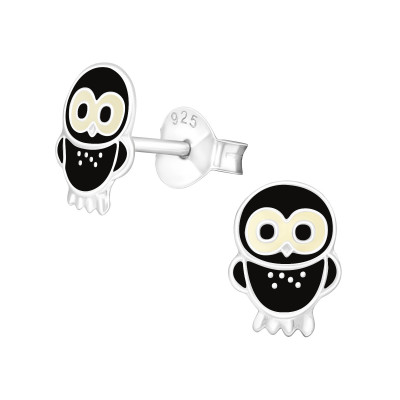 Children's Silver Owl Ear Studs with Epoxy