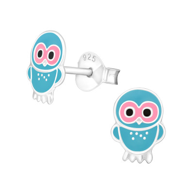 Children's Silver Owl Ear Studs with Epoxy