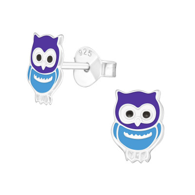 Children's Silver Owl Ear Studs with Epoxy