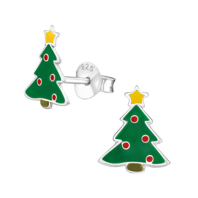 Children's Silver Christmas Tree Ear Studs with Epoxy
