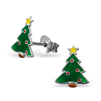 Christmas Tree Children's Sterling Silver Ear Studs with Epoxy