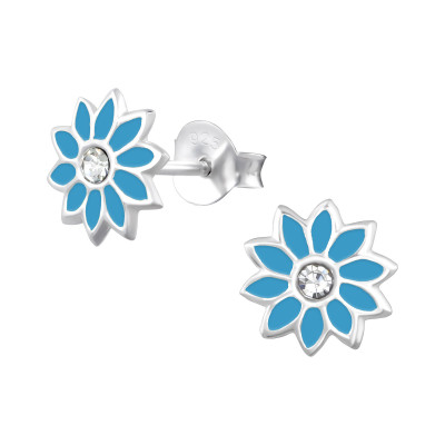 Children's Silver Flower Ear Studs with Crystal and Epoxy