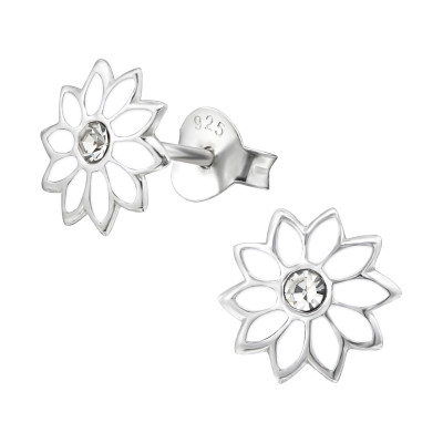 Children's Silver Flower Ear Studs with Crystal and Epoxy