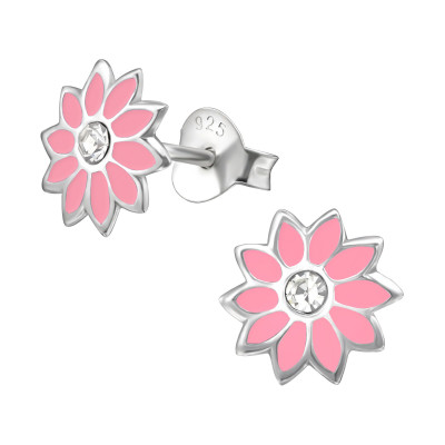 Flower Children's Sterling Silver Ear Studs with Crystal and Epoxy