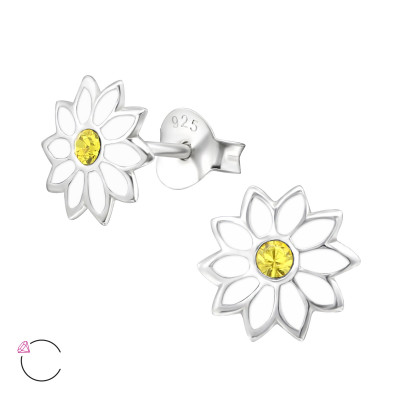 Silver Flower Ear Studs with Epoxy and Genuine European Crystals