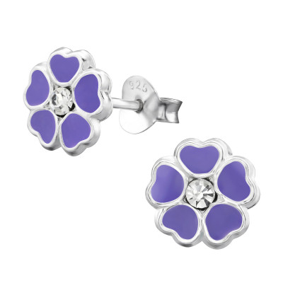 Children's Silver Flower Ear Studs with Crystal and Epoxy