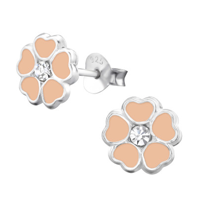 Children's Silver Flower Ear Studs with Crystal and Epoxy