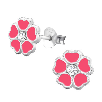 Children's Silver Flower Crystal Ear Studs with Epoxy